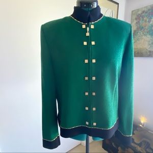 St John Zip up Cardigan green with black trim and gold detail.  Size 10